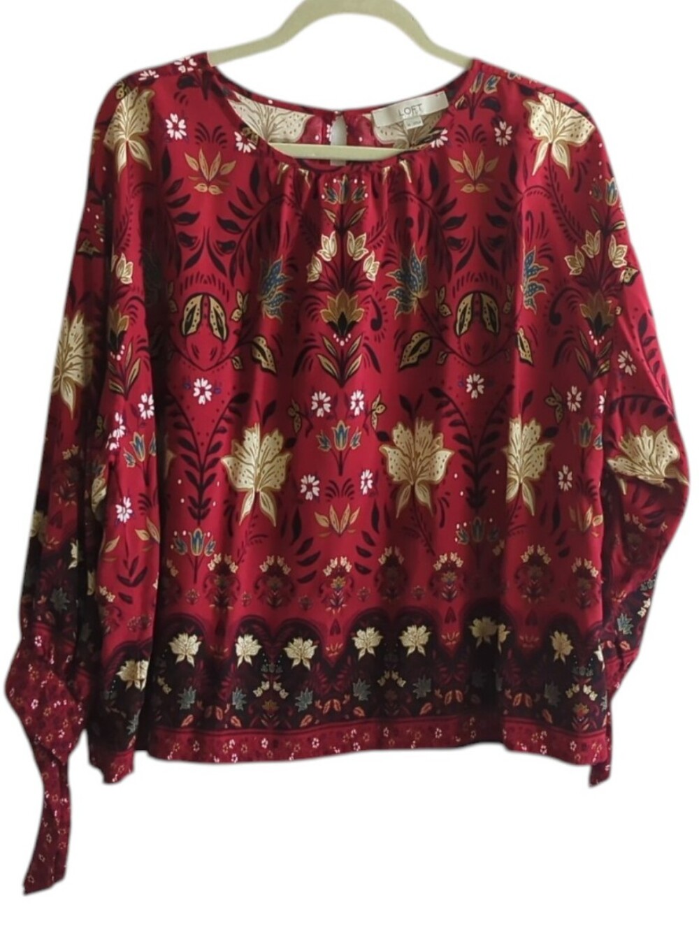 Loft Red w Cream Brown Black Floral Long Sleeve Tie Cuffs Pullover Top Size XL